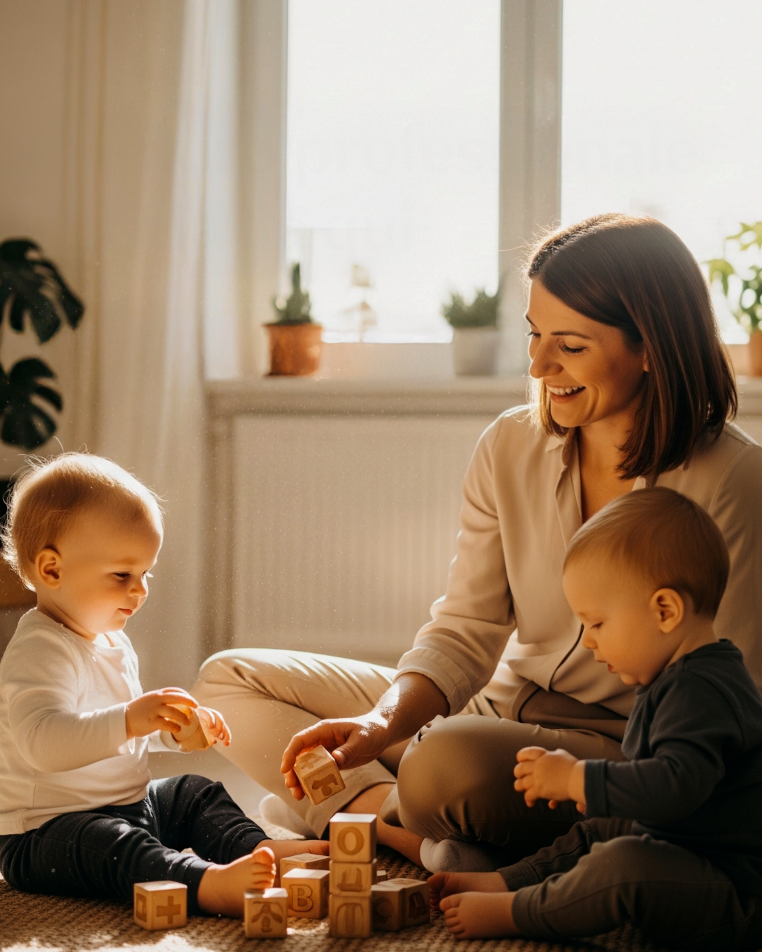 Educatrice con bambini piccoli in un ambiente familiare e accogliente